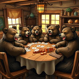 A whimsical scene featuring a group of bears anthropomorphically playing poker around a rustic wooden table