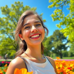 A cheerful person with a bright and engaging smile, standing in a sunlit park surrounded by vibrant flowers