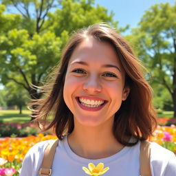 A cheerful person with a bright and engaging smile, standing in a sunlit park surrounded by vibrant flowers