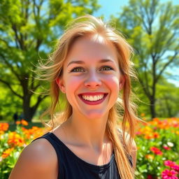 A cheerful person with a bright and engaging smile, standing in a sunlit park surrounded by vibrant flowers