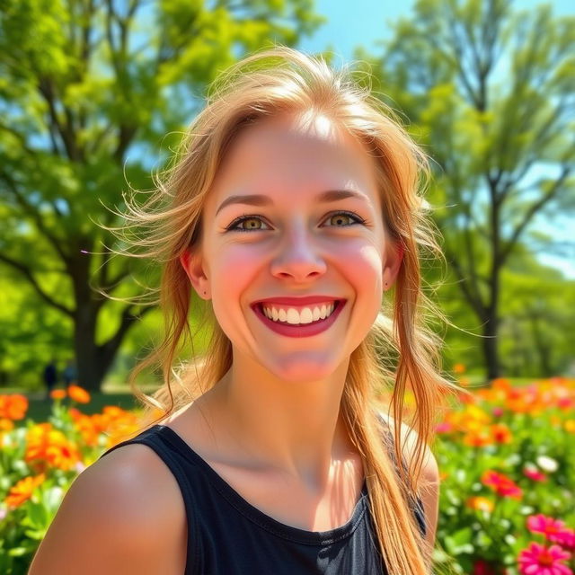 A cheerful person with a bright and engaging smile, standing in a sunlit park surrounded by vibrant flowers