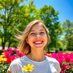 A cheerful person with a bright and engaging smile, standing in a sunlit park surrounded by vibrant flowers