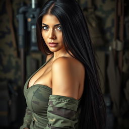 A beautiful woman with long black hair, a curvy body, and striking blue eyes