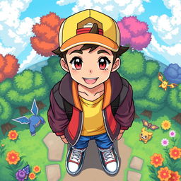 A detailed top view pixel art character of a young man, around 18 years old, inspired by Pokemon style
