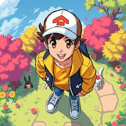 A detailed top view pixel art character of a young man, around 18 years old, inspired by Pokemon style