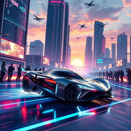 A futuristic scene depicting a high-tech sports car racing on a vibrant, illuminated track in a cybernetic city