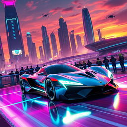 A futuristic scene depicting a high-tech sports car racing on a vibrant, illuminated track in a cybernetic city