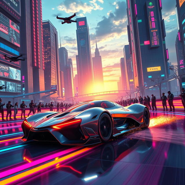 A futuristic scene depicting a high-tech sports car racing on a vibrant, illuminated track in a cybernetic city