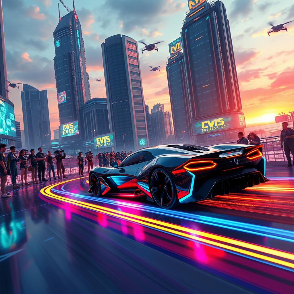 A futuristic scene depicting a high-tech sports car racing on a vibrant, illuminated track in a cybernetic city