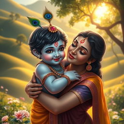 A serene scene depicting Baby Krishna lovingly embraced by Mother Yashoda, surrounded by a lush, vibrant landscape