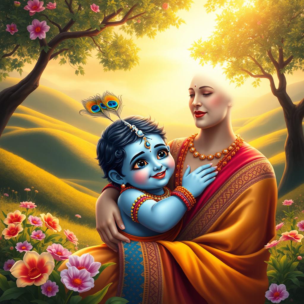 A serene scene depicting Baby Krishna lovingly embraced by Mother Yashoda, surrounded by a lush, vibrant landscape