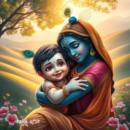 A serene scene depicting Baby Krishna lovingly embraced by Mother Yashoda, surrounded by a lush, vibrant landscape