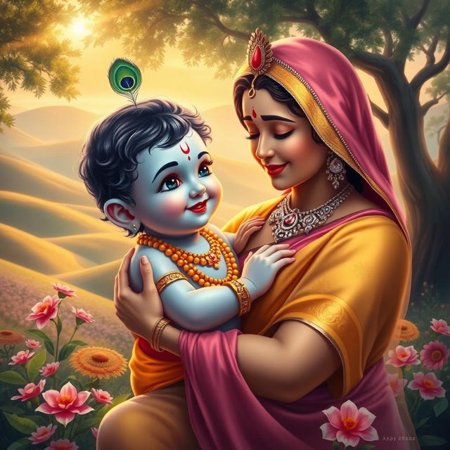 A serene scene depicting Baby Krishna lovingly embraced by Mother Yashoda, surrounded by a lush, vibrant landscape