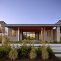 Front view of a single-story house with detailed architectural features and aesthetically pleasing surroundings