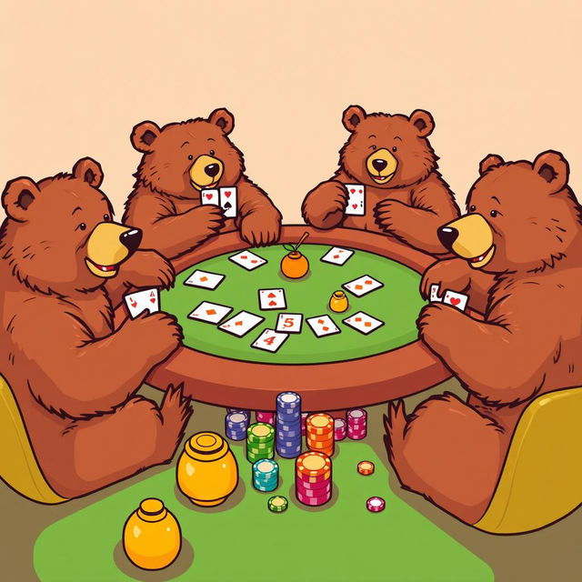 A vibrant vector illustration of a group of bears sitting around a lively poker table