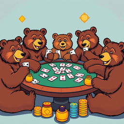 A vibrant vector illustration of a group of bears sitting around a lively poker table