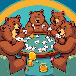 A vibrant vector illustration of a group of bears sitting around a lively poker table