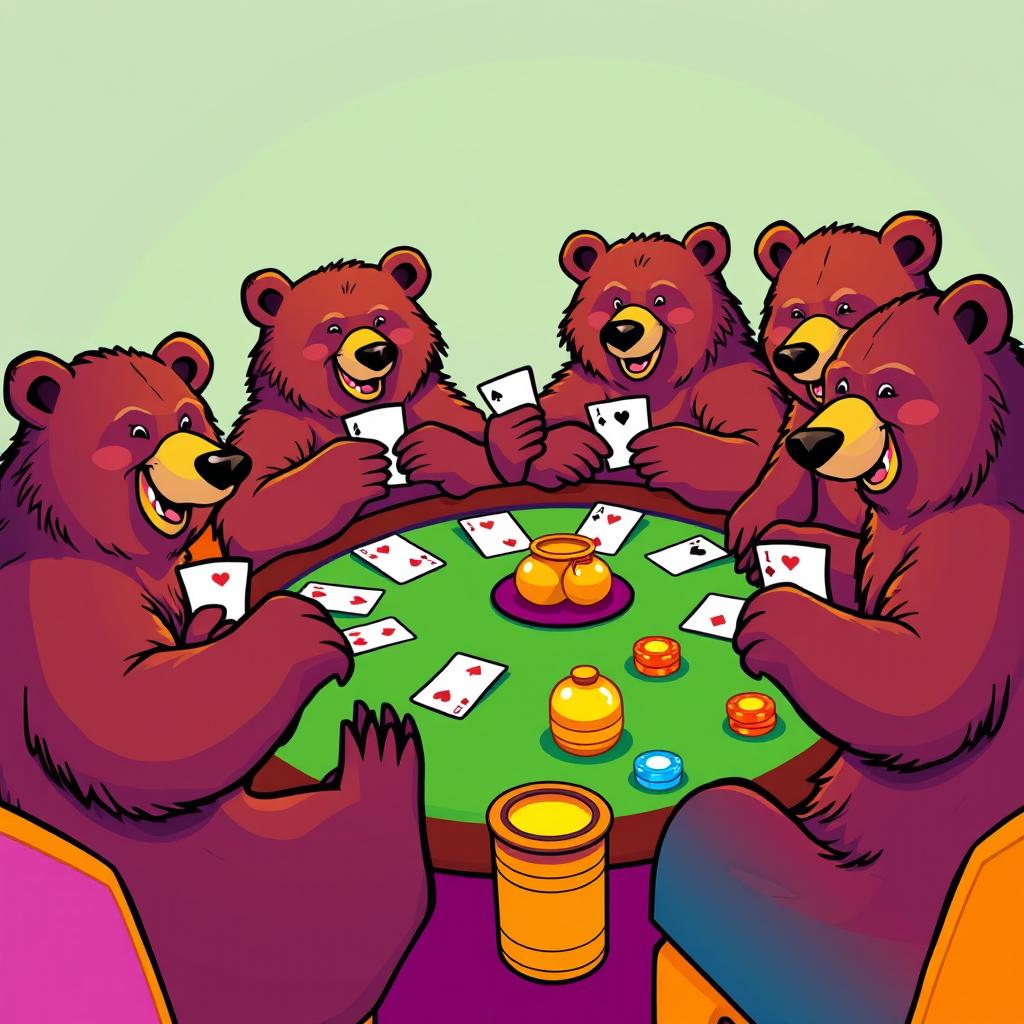 A vibrant vector illustration of a group of bears sitting around a lively poker table