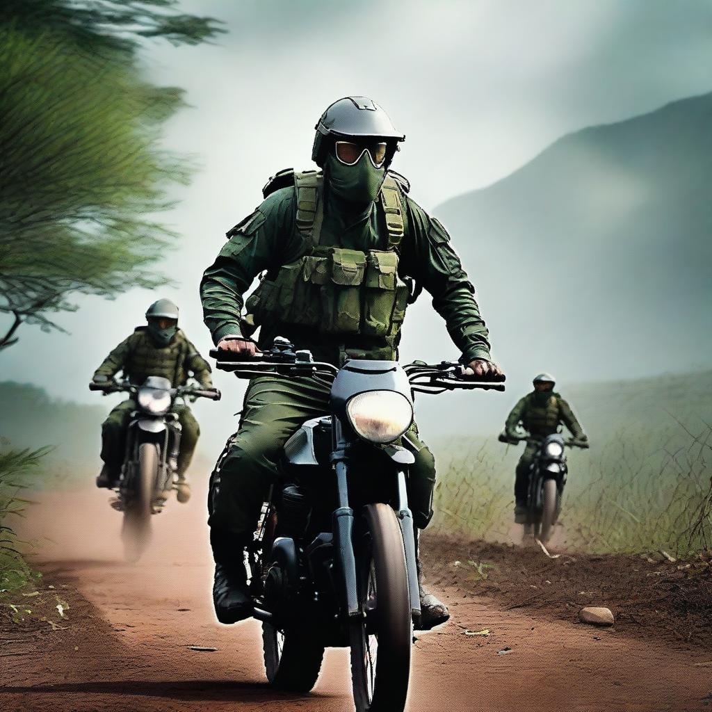 A high-resolution digital art image suitable for a mobile wallpaper, featuring Sri Lankan special forces on a bike-riding combat mission