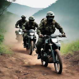 A high-resolution digital art image suitable for a mobile wallpaper, featuring Sri Lankan special forces on a bike-riding combat mission