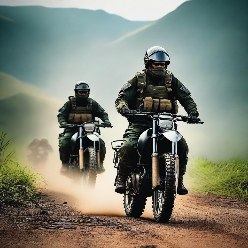 A high-resolution digital art image suitable for a mobile wallpaper, featuring Sri Lankan special forces on a bike-riding combat mission