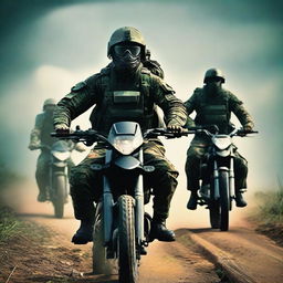 A high-resolution digital art image suitable for a mobile wallpaper, featuring Sri Lankan special forces on a bike-riding combat mission