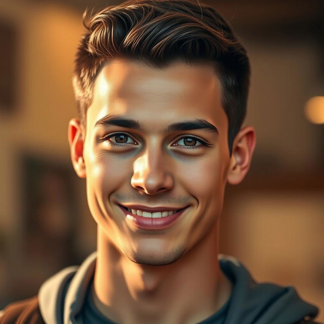 A realistic portrait of a young man, capturing the essence of a human being with detailed facial features, expressive eyes, and a warm smile