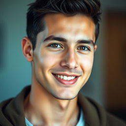 A realistic portrait of a young man, capturing the essence of a human being with detailed facial features, expressive eyes, and a warm smile