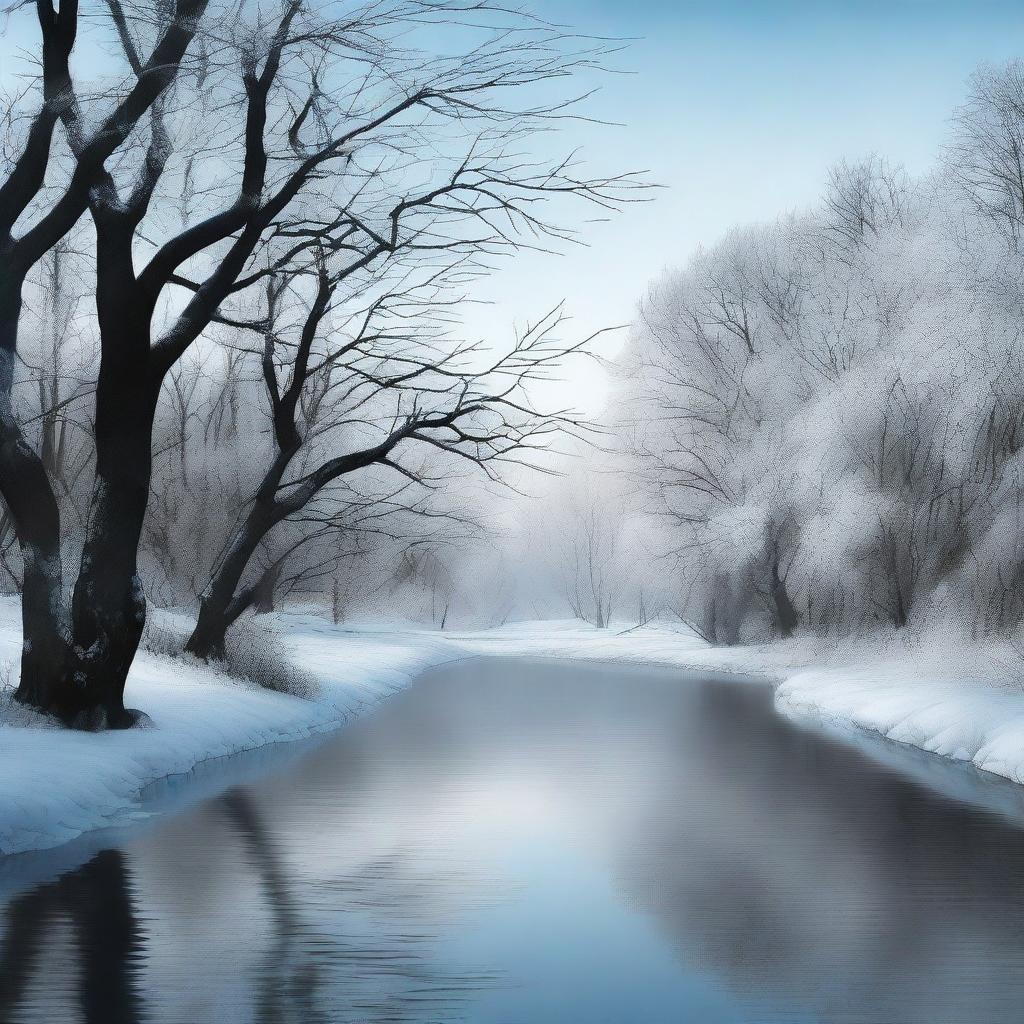 This is a high-quality digital art image depicting a cold and sad river