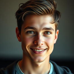 A realistic portrait of a young man, capturing the essence of a human being with detailed facial features, expressive eyes, and a warm smile