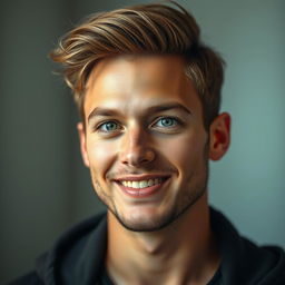 A realistic portrait of a young man, capturing the essence of a human being with detailed facial features, expressive eyes, and a warm smile