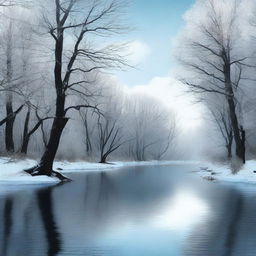 This is a high-quality digital art image depicting a cold and sad river