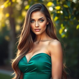 A stunning portrait of a confident and elegant woman with long flowing hair, wearing a luxurious emerald green dress