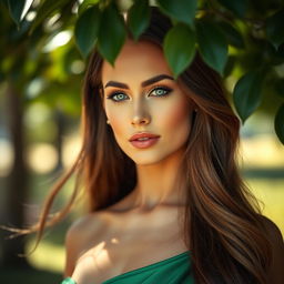A stunning portrait of a confident and elegant woman with long flowing hair, wearing a luxurious emerald green dress