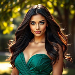 A stunning portrait of a confident and elegant woman with long flowing hair, wearing a luxurious emerald green dress