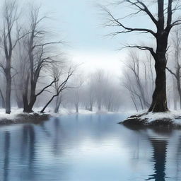 This is a high-quality digital art image depicting a cold and sad river