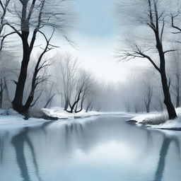 This is a high-quality digital art image depicting a cold and sad river