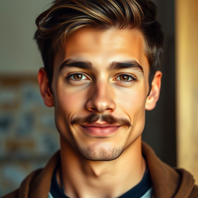 A realistic portrait of a young man with a well-groomed mustache, capturing the essence of human features with detailed expression and character