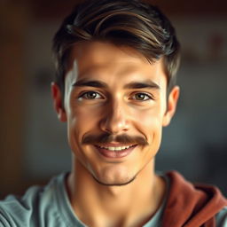 A realistic portrait of a young man with a well-groomed mustache, capturing the essence of human features with detailed expression and character