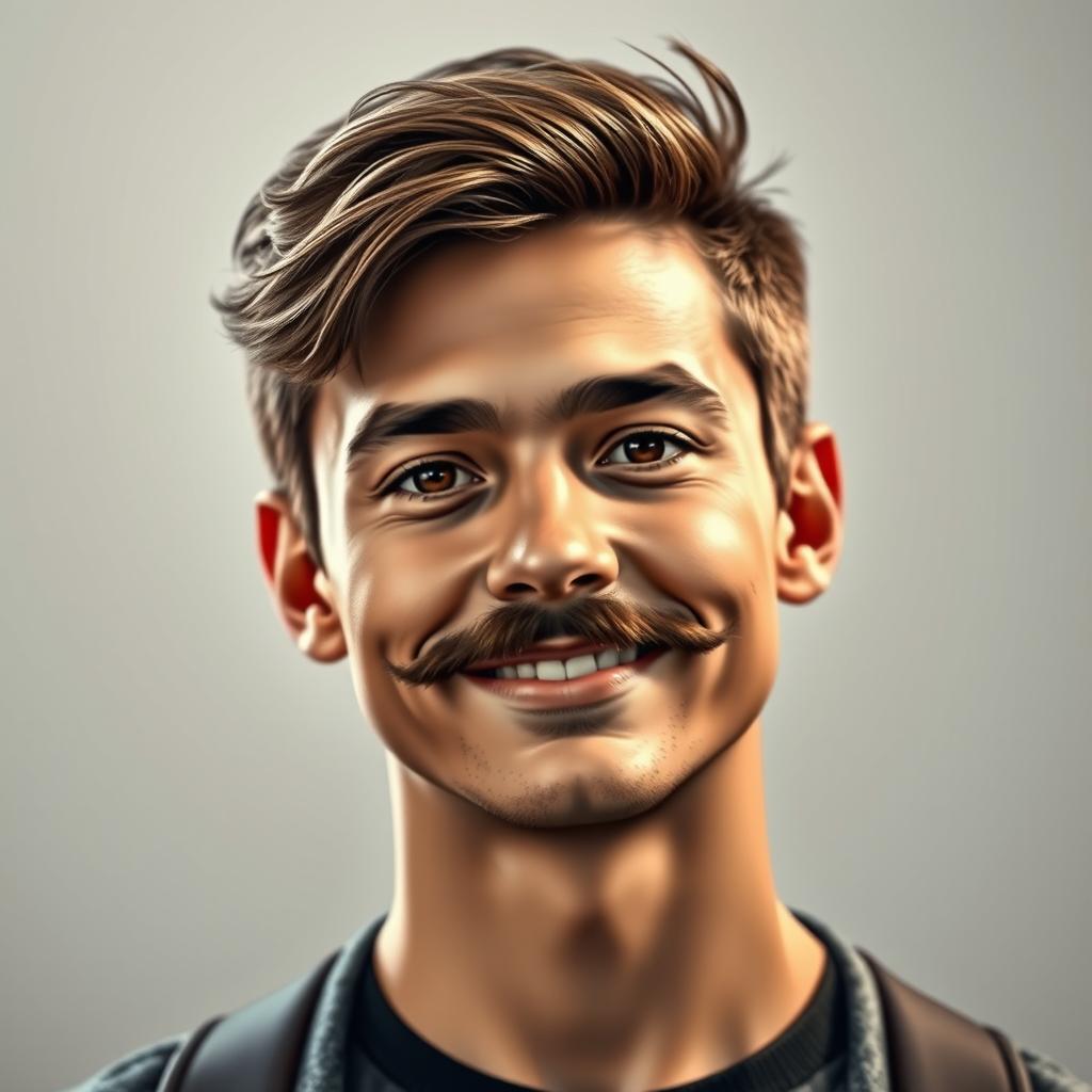 A realistic portrait of a young man with a well-groomed mustache, capturing the essence of human features with detailed expression and character