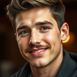 A realistic portrait of a young man with a well-groomed mustache, capturing the essence of human features with detailed expression and character