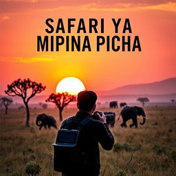 A captivating book cover for a photography safari, featuring a stunning landscape of African savannah during golden hour, with acacia trees silhouetted against a vibrant orange and pink sunset