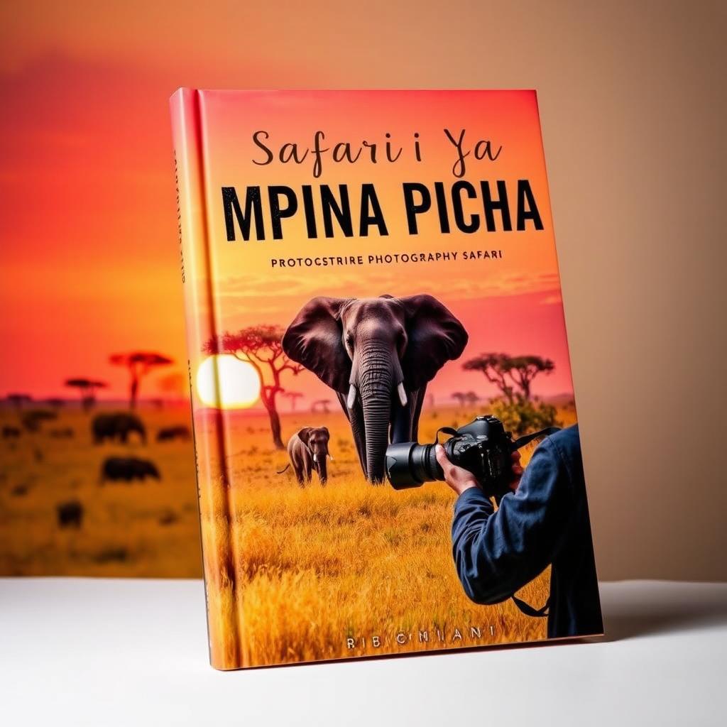 A captivating book cover for a photography safari, featuring a stunning landscape of African savannah during golden hour, with acacia trees silhouetted against a vibrant orange and pink sunset