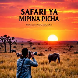 A captivating book cover for a photography safari, featuring a stunning landscape of African savannah during golden hour, with acacia trees silhouetted against a vibrant orange and pink sunset