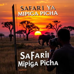 A captivating book cover for a photography safari, featuring a stunning landscape of African savannah during golden hour, with acacia trees silhouetted against a vibrant orange and pink sunset