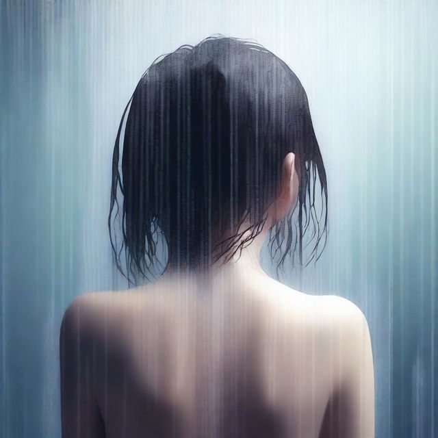 A high-quality digital art image depicting a young girl in a shower