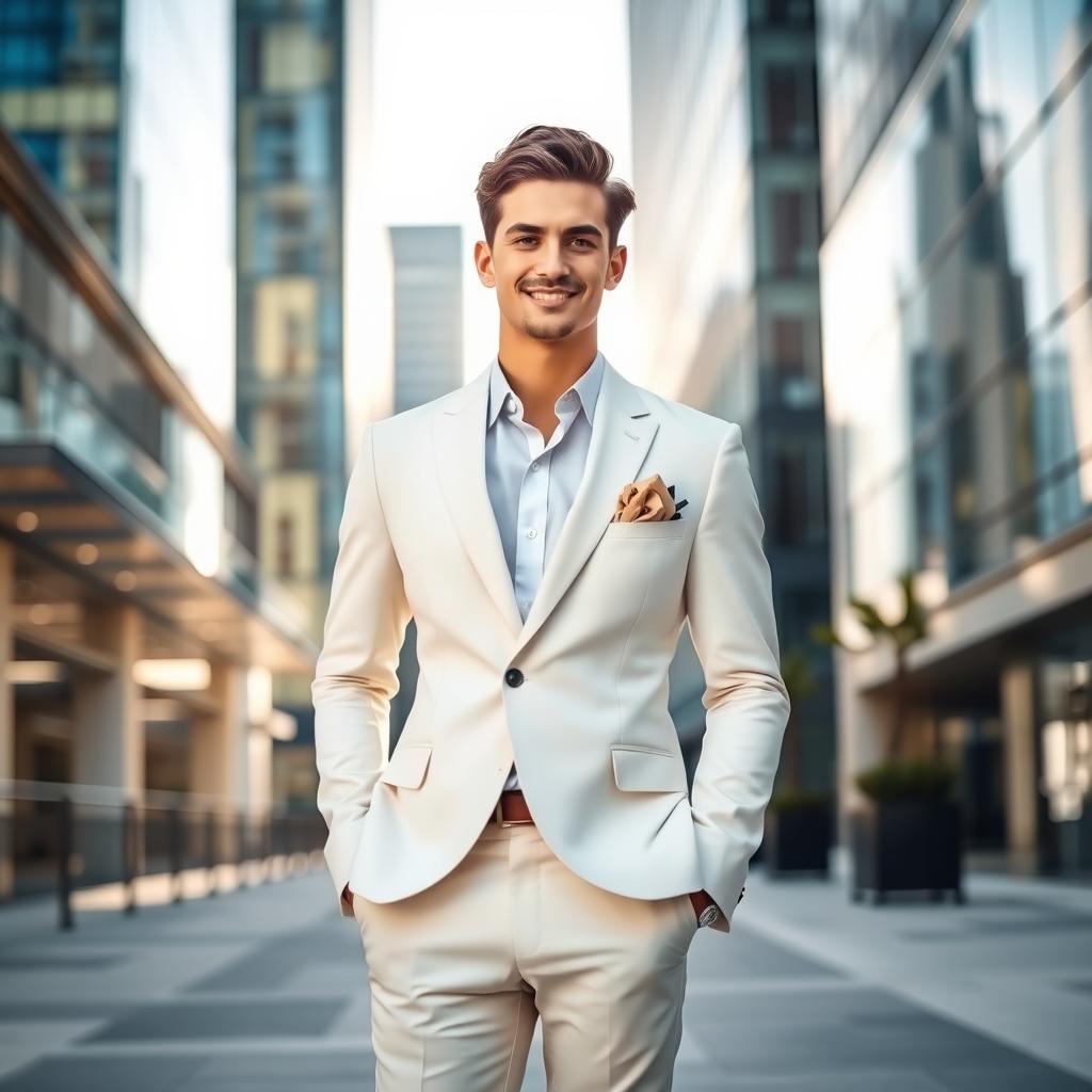 A stylish individual wearing a white suit standing confidently in a sophisticated urban setting