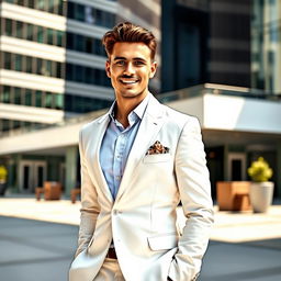 A stylish individual wearing a white suit standing confidently in a sophisticated urban setting