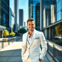 A stylish individual wearing a white suit standing confidently in a sophisticated urban setting