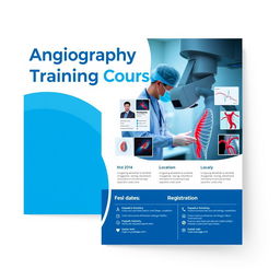 A vibrant and informative poster for an angiography training course, featuring a sleek blue and white color scheme
